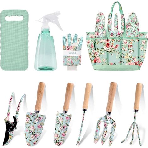 10-teiliges, robustes Gartengeräte-Set mit Tragetasche, inklusive Gartenschere, Pflanzkelle, Rechen, Sprühgerät, Kissen und Handschuhen