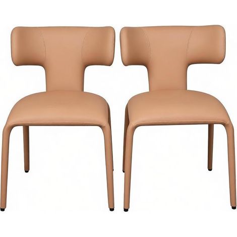 2 sedie da pranzo moderne in ecopelle marrone chiaro, schienale curvo e gambe metalliche (1/5)