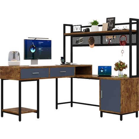 CHICFURN Bureau d'angle en L industriel avec rangements, 2 tiroirs, portes à fermeture douce, structure métal antirouille et panneaux MDF, noir et bois clair (1/5)