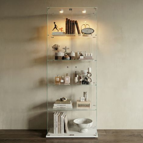 Vitrine en verre trempé avec LED, Armoire vitrée, Vitrine collection, 5 Niveaux，2 porte, verrouillable, étanche à la poussière, Convient pour salon, bibliothèque - Blanc