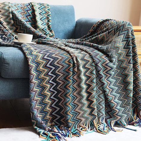 Couverture tricotée à motif pied-de-poule coloré - Style bohème, chaude et confortable - 130 cm x 220 cm (1/5)