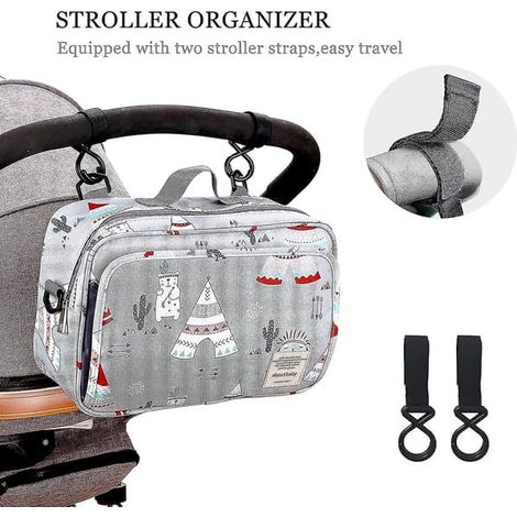 Organisateur de sac pour poussette et landau, grand rangement pour poussette avec porte-gobelet profond (gris clair) (1/3)