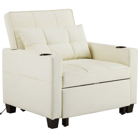 Canapé-lit 1 place escamotable 3 en 1 blanc en similicuir avec porte-gobelets et ports USB (1/5)