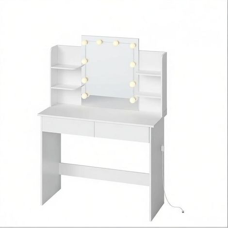Coiffeuse blanche moderne avec miroir LED 45 x 60 cm, 10 ampoules, 4 étagères, 2 tiroirs et grand plateau 90 x 40 cm, meuble maquillage pour chambre  CHICFURN (1/5)