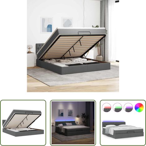 vidaXL LED-Beleuchtung - Ottomane Bett mit Matratze & LEDs Dunkelgrau 180x200 cm Stoff (1/5)