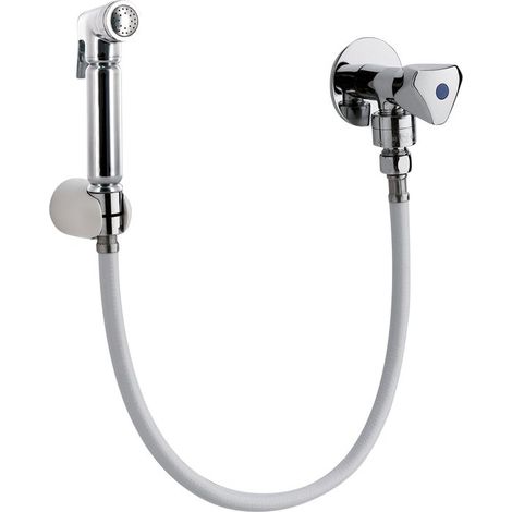 Presto – Lave-bassin avec robinet à clapet – Douchette bouton poussoir en laiton chromé – Flexible PVC 1m avec écrou tournant conique (1/2)