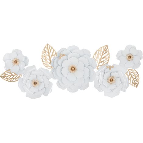 Pannello da muro White Decor a fiori bianchi e foglie oro in ferro 158x60 cm (1/5)