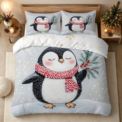 Noël Housse de Couette 140x200 Pingouin Réversible, 1 Personne - 140x200 cm + 1 Taies d'oreiller 65x65 cm (1/5)