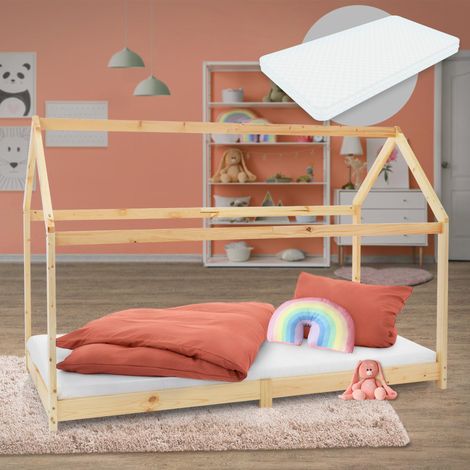 ML-Design Lit Cabane Enfant 90x200 cm avec Matelas H:16cm, Toit et Sommier à Lattes, Naturel en Bois Massif, Couchage au Sol Maisonnette pour Fille Garçon Adolescent Chambre à Coucher, Style Maison (1/5)