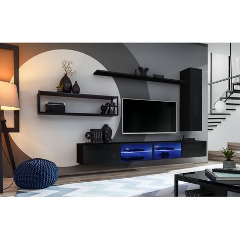 Ensemble meuble TV mural Switch Met IV - L 300 x P 40 x H 170 cm - Noir - Livraison gratuite