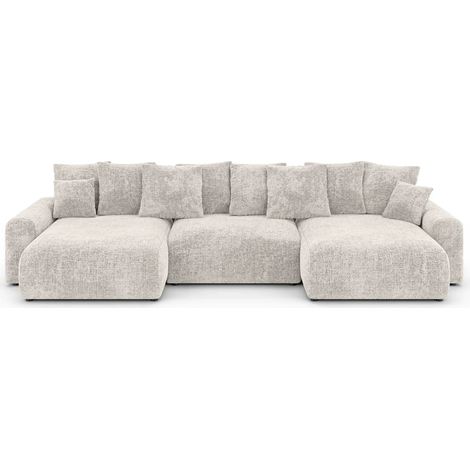 OLI - Canapé panoramique convertible tissu chenille 5 places Beige (1/5)