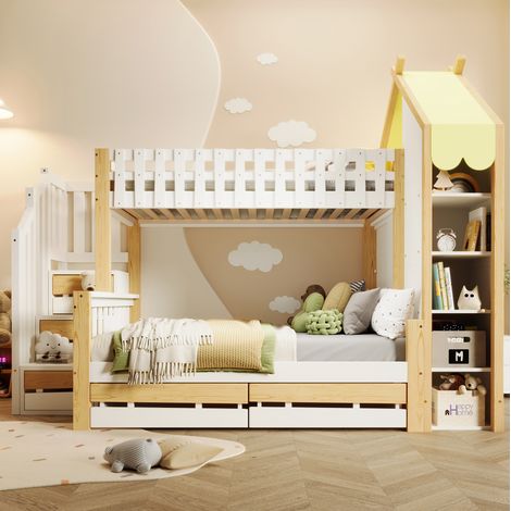 Letto a castello 90x200+140x200 cm in pino bianco e naturale, con scala contenitore, 2 cassetti e tetto a casetta (1/5)
