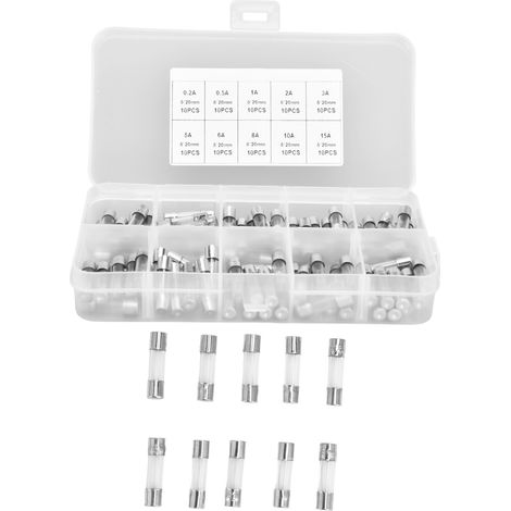 Lot de 100 fusibles verre coupure rapide 5x20mm 0.2A 0.5A 1A 2A 3A 5A 8A 10A 15A 20A avec boite rangement (1/5)