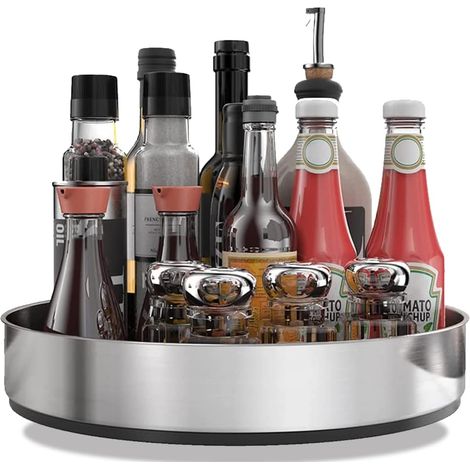 1 - Étagère à épices - Porte-épices rotatif - Acier inoxydable 304 - Rotation 360° - Pour cuisine et placard - Argent - 25x25cm