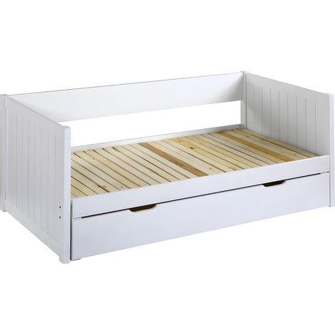 Vente-Unique – Lit escamotable banquette 90 x 190 cm – Sommier peigne avec tiroir – Pin massif laqué – Charge maximale 120 kg