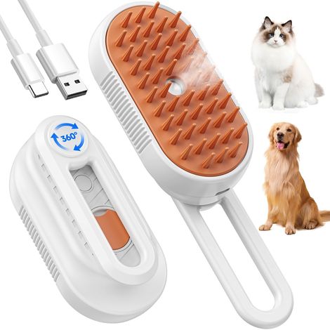 Brosse vapeur électrique 5-en-1 chiens/chats, rechargeable, réservoir d'eau, soin pelage, massage, blanc (1/5)