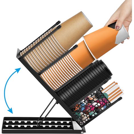 Distributeur de gobelets à café en métal avec porte-gobelets et couvercles jetables et range-pailles intégré.bar ou salle de pause.
