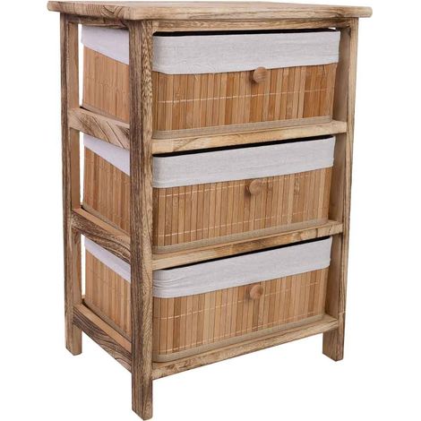 Cajonera marrón de madera con 3 cajones de bambú forrados 40x29x58 cm
