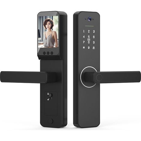 RHG Serrure intelligente avec caméra grand angle 120° et sonnette intelligente Serrure de porte d'entrée sans clé Serrure de porte biométrique TY App Fonctionnement à distance WiFi 35-60 mm