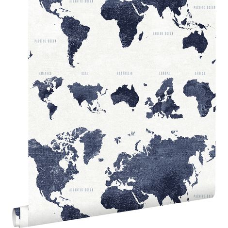 papier peint cartes du monde bleu foncé  - ESTAhome