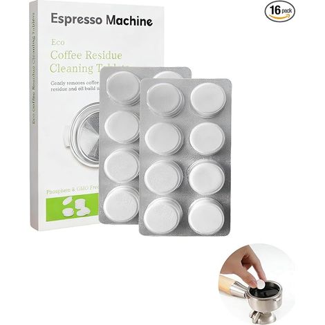 Paquete de 16 pastillas de limpieza multiusos para cafeteras italianas: eliminan eficazmente los residuos difíciles, realzan el sabor del café, son fáciles de usar y económicas. (1/5)