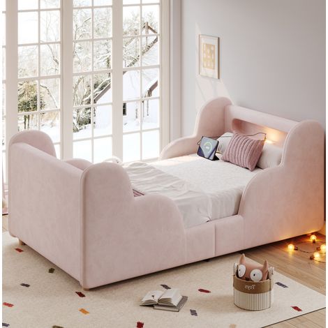Letto per bambini a nuvola in velluto rosa 90x200 cm con testiera USB/Type-C, luce notturna, protezioni imbottite e rete a doghe