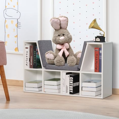 HOMCOM Bücherregal mit Sitzbank, 6-teiliges Bücherregal mit Aufbewahrungskissen, vielseitig einsetzbar für Wohnzimmer, Büro und Schlafzimmer, 102 x 30 x 61 cm, Weiß und Grau
