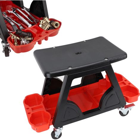 Taburete mecánico – Modelo de taller móvil – Almacenamiento integrado, asiento cómodo y ergonómico de plástico resistente – Dimensiones 37,5 x 25,5 cm, incluye 4 ruedas y herramientas (1/5)