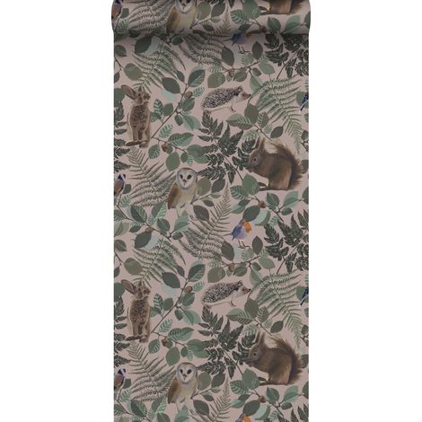 papier peint animaux de la forêt vieux rose, vert et marron - ESTAhome (1/5)