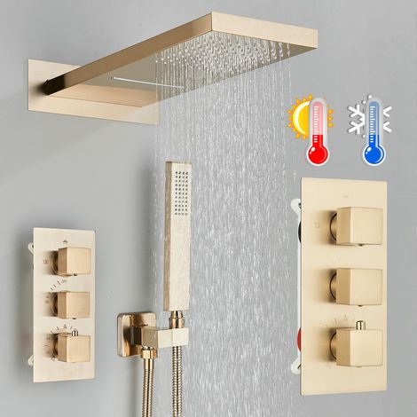 Suguword – Colonne de douche encastrée thermostatique dorée en acier inoxydable – 2 fonctions avec pommeau et douchette à main – Installation murale facile (1/5)