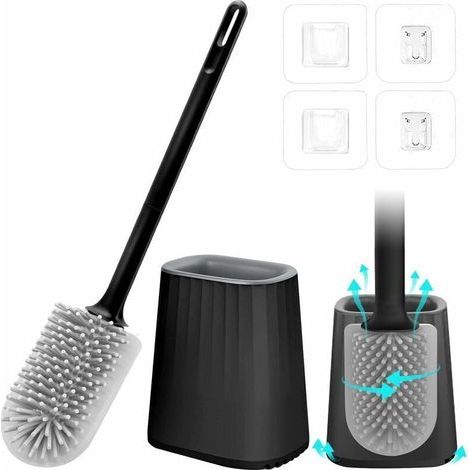 Brosse WC, Brosse de Toilette Silicone, Brosse WC Suspendu avec Support à Séchage Rapide, Brosse WC Silicone et Supports Mural/Sol, Brosse Toilettes WC pour Toilette de Bain, Noire (1/4)