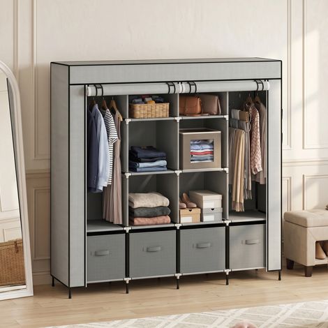 Armoire en tissu avec portes, 2 tringles, 10 compartiments, grise, rangement pliable pour chambre. (1/5)