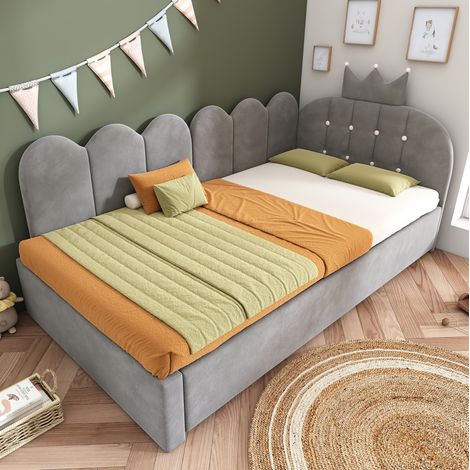 Lit banquette en velours gris 90x200 cm avec lit gigogne 90x190 cm, tête de lit couronne et motif grille rembourré