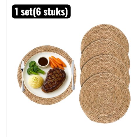 Lot de 6 sets de table tissés naturels diamètre 24 cm en roseau et rotin style bohème résistants à la chaleur pour repas petit déjeuner et décoration de table (1/4)