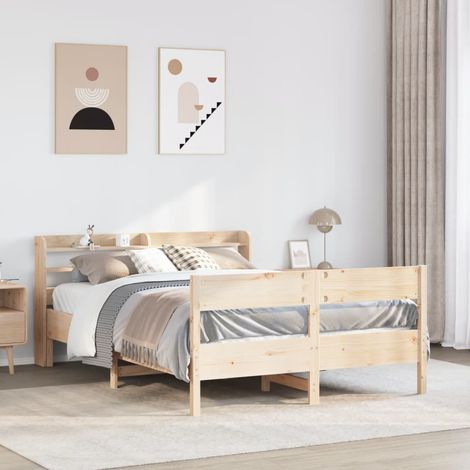 Cadre de lit bois de pin massif sans matelas, dimensions 120x200 cm, avec tête de lit 3 étagères et sommier lattes (1/4)