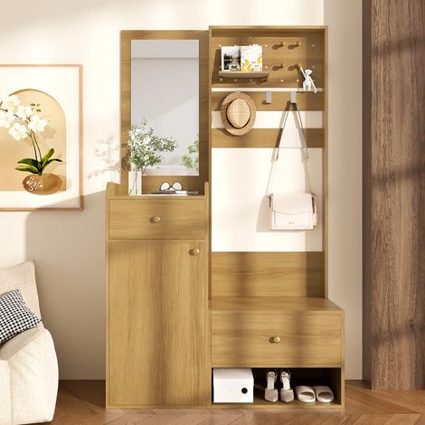 Neche – Ensemble de meubles d'entrée couleur bois – Armoire avec miroir, crochets, étagères – 2 tiroirs, 1 porte – Dimensions 105x38x180cm