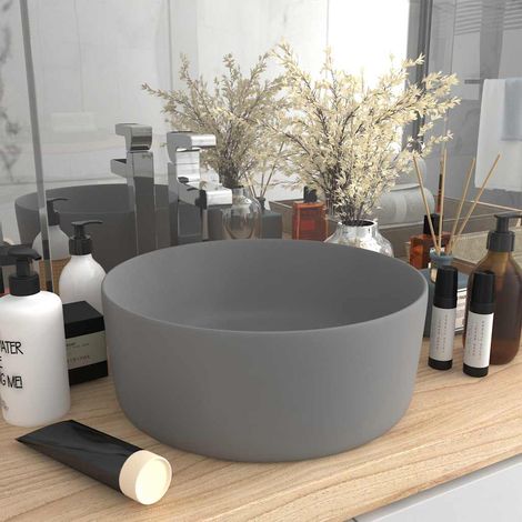 vidaXL Lavabo rond de luxe Gris clair mat 40x15 cm Céramique (1/5)