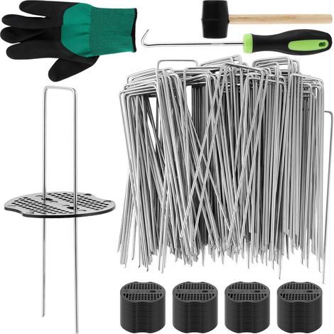 Lot de 100 Piquets de Fixation pour Jardin 150 x 35 mm + 100 Disques Tampons, Ø 2.2mm Piquets de Fixation en Acier Galvanisé Forme de U pour Toiles de Paillages, Filets (1/5)