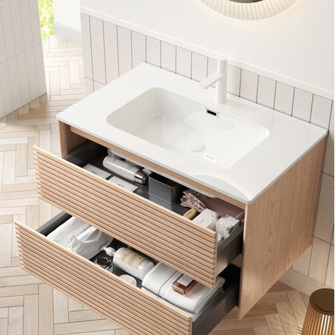 Mueble de baño de 81 cm con lavabo de cerámica blanca, 2 cajones, nogal natural DESVIAE (1/5)