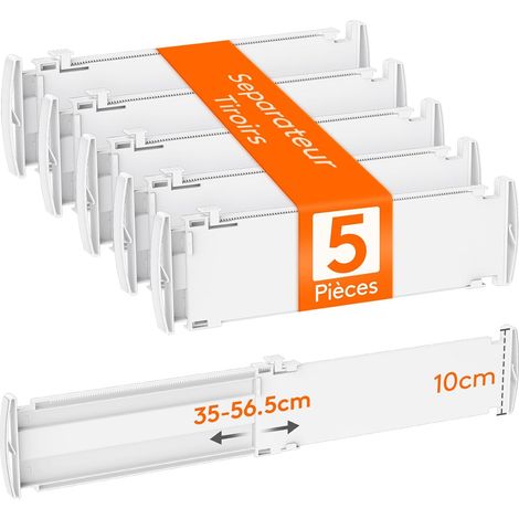 Séparateurs de Tiroirs Armoire Réglables, Diviseur de Rangement Extensible pour Cuisine, Vêtements, Commode et Bureau, Blanc, Longueur 35-55 cm, Hauteur 10.5 cm, Lot de 5 Pièces (1/5)