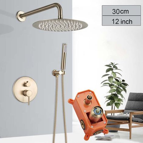 Zamery – Colonne de douche encastrée doré brossé – Pommeau 30 cm – Flexible 150 cm – Mitigeur monocommande 2 voies – Douchette à main (1/4)