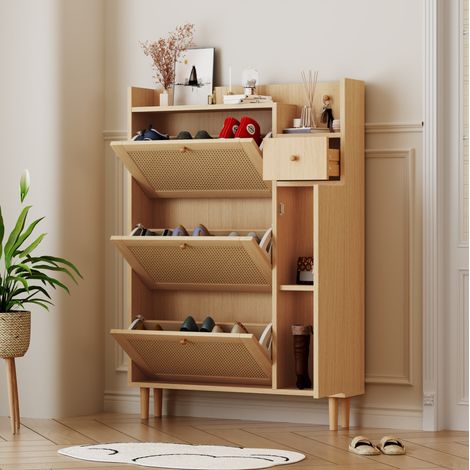 Mobile porta scarpe in MDF e legno, 3 ante ribaltabili, 1 cassetto, naturale DESVIAE (1/5)