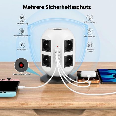 Multiprise 8 prises avec protection contre les surtensions, 2 ports de charge USB, câble de 2 m, 2 interrupteurs(Noir et blanc) (1/5)