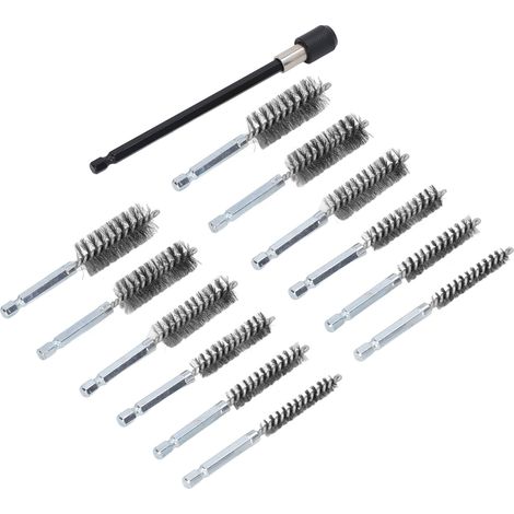 Ensemble de 13 brosses de nettoyage pour forets de diamètres 8 mm, 10 mm, 12 mm, 15 mm, 17 mm et 19 mm, tige de 1/4 po, fil d'acier argenté et rallonge de 15 cm. (1/5)