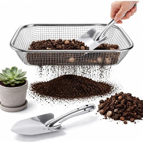 Tamis de Jardinage 2 Pièces, Tamis à Terre en Acier Inoxydable 201 avec Maille de 6 mm, Crible à Compost pour Sable, Gravier et Semences, avec 1 Pelle de Jardin, 33,5 x 25 x 6 cm, Argenté (1/5)
