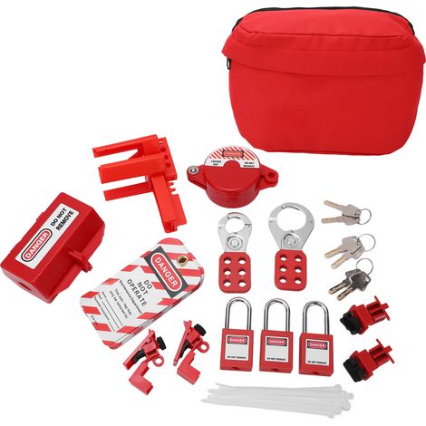 Kit de verrouillage de disjoncteur électrique avec cadenas, étiquettes de sécurité et trousse de rangement (1/5)