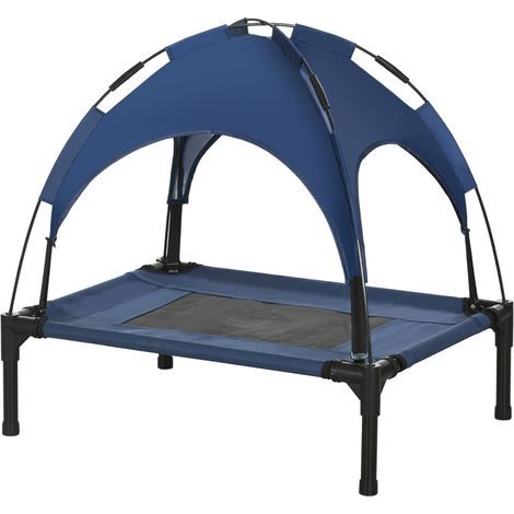 Lit surélevé pour chien à l’extérieur avec auvent anti-UV, dimensions 61 x 46 x 62 cm, tissu taffetas respirant bleu foncé, pour un repos confortable de votre animal en extérieur. (1/5)