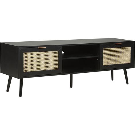 Porta TV in rattan Mobile in vimini Fronte in MDF nero Gambe in legno di gomma 2 armadi Scaffali aperti Stile Boho Soggiorno Nero Opoco