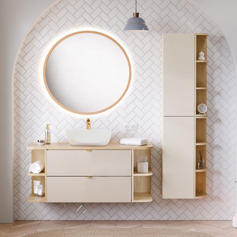 Insieme mobile lavabo singolo 120cm nicchie arrotondate colonna e specchio LED Azel Cachemire e Legno
