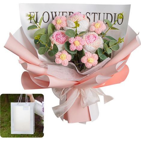 [Bouquet de roses] Bouquet créatif de roses en fil tissé main (3 roses roses gradient + 5 marguerites + sac cadeau) (1/5)